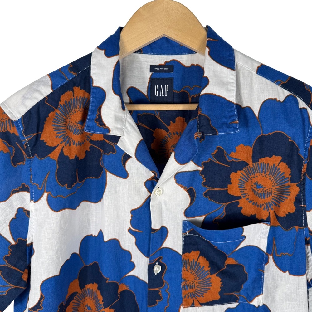Gap Floral Linen Blend Short Sleeve Camp Collar Shirt Mens L Blue Button Down